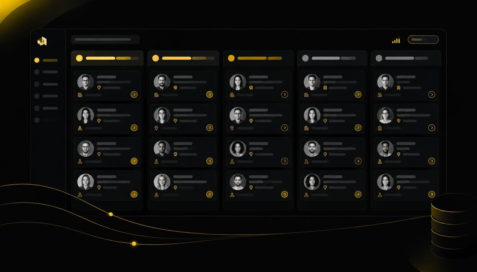 TikTok Ads for B2B lead generation Dark B2B lead pipeline board with stage columns and contact cards highlighted in yellow