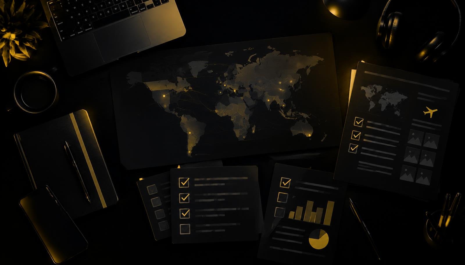 Dark overhead workspace with a world map, market-entry checklists and planning documents for a new advertising country launch