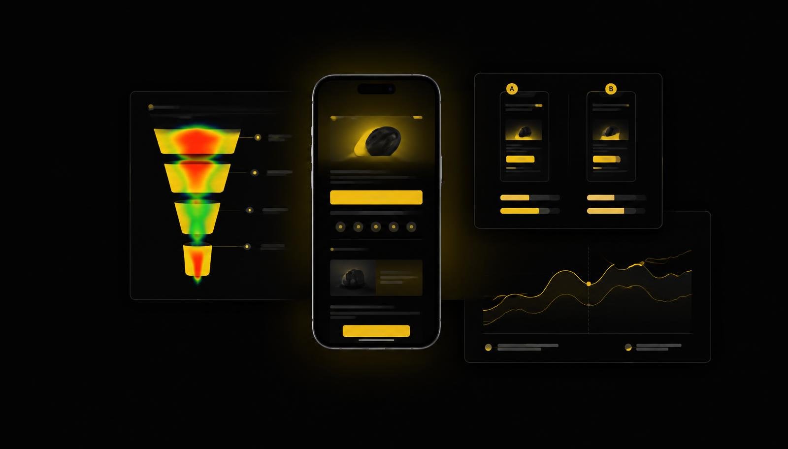 Landing page conversion rate by country Dark conversion analysis view with a mobile landing page mockup, funnel heatmap and A/B test comparison panels