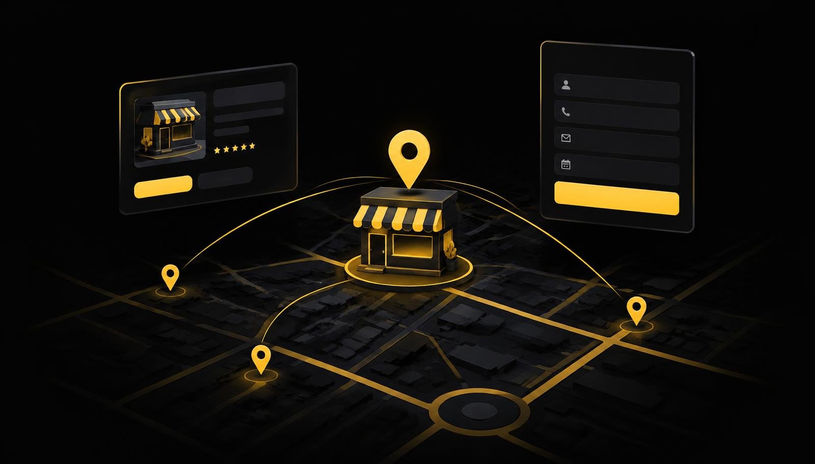 Dark city map with a glowing storefront marker, location pins and a lead enquiry form panel