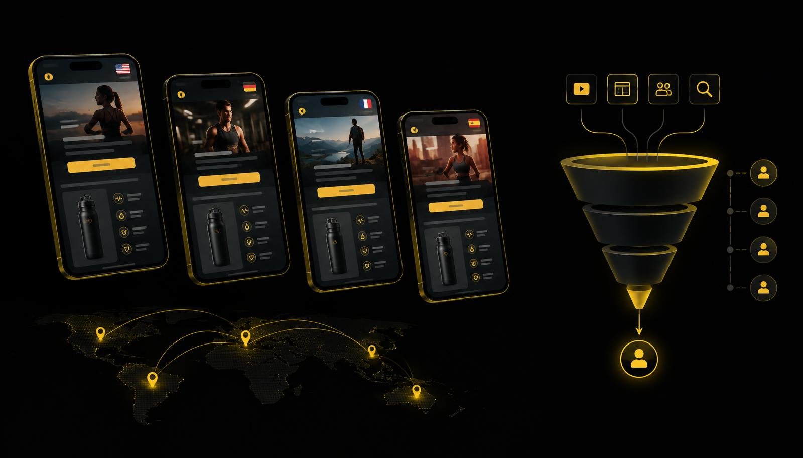 TikTok Ads localisation across markets Several localised mobile landing page mockups beside a marketing funnel diagram on a dark background