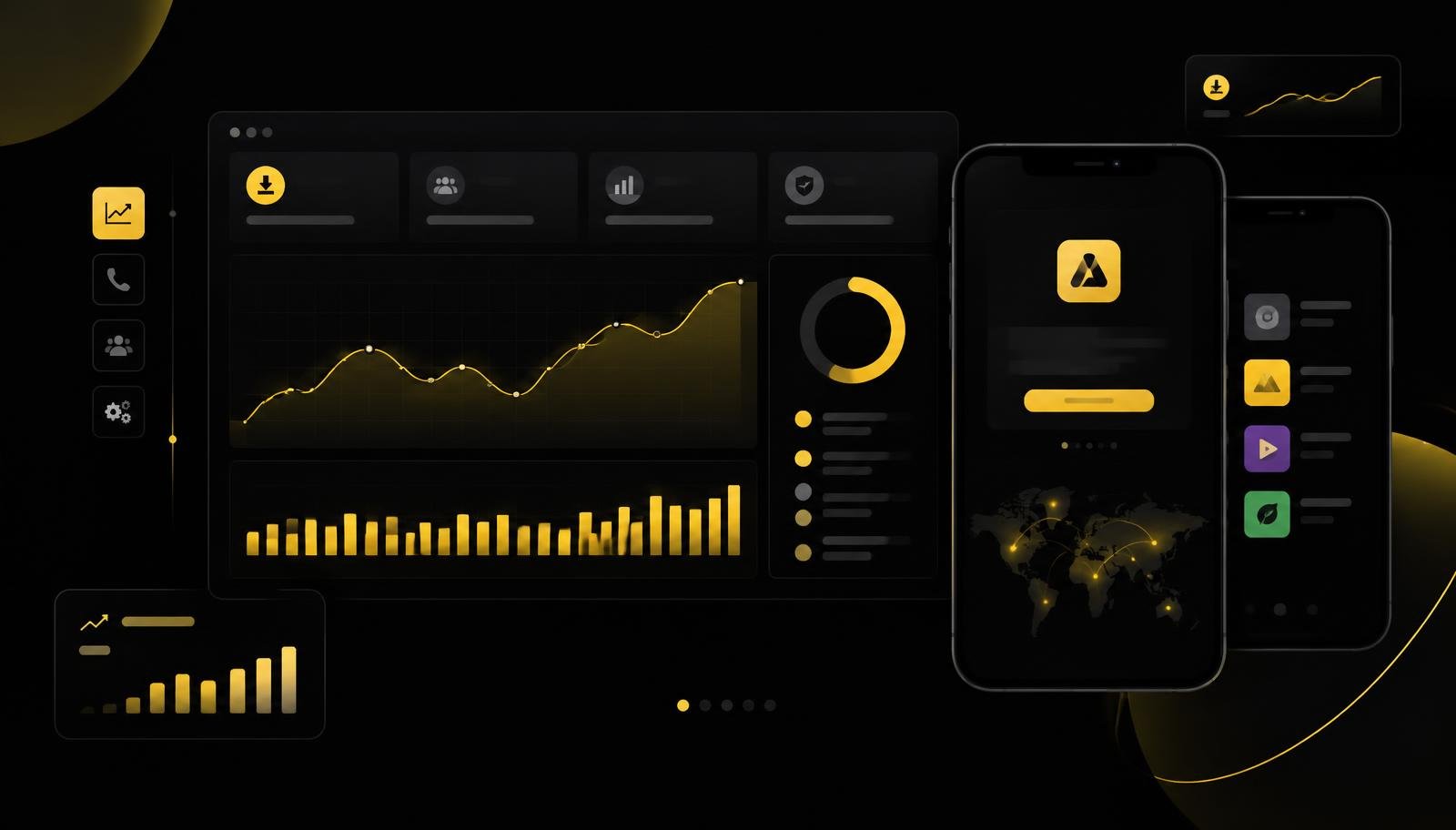 Dark app analytics dashboard with install growth charts beside phone mockups showing an app onboarding screen