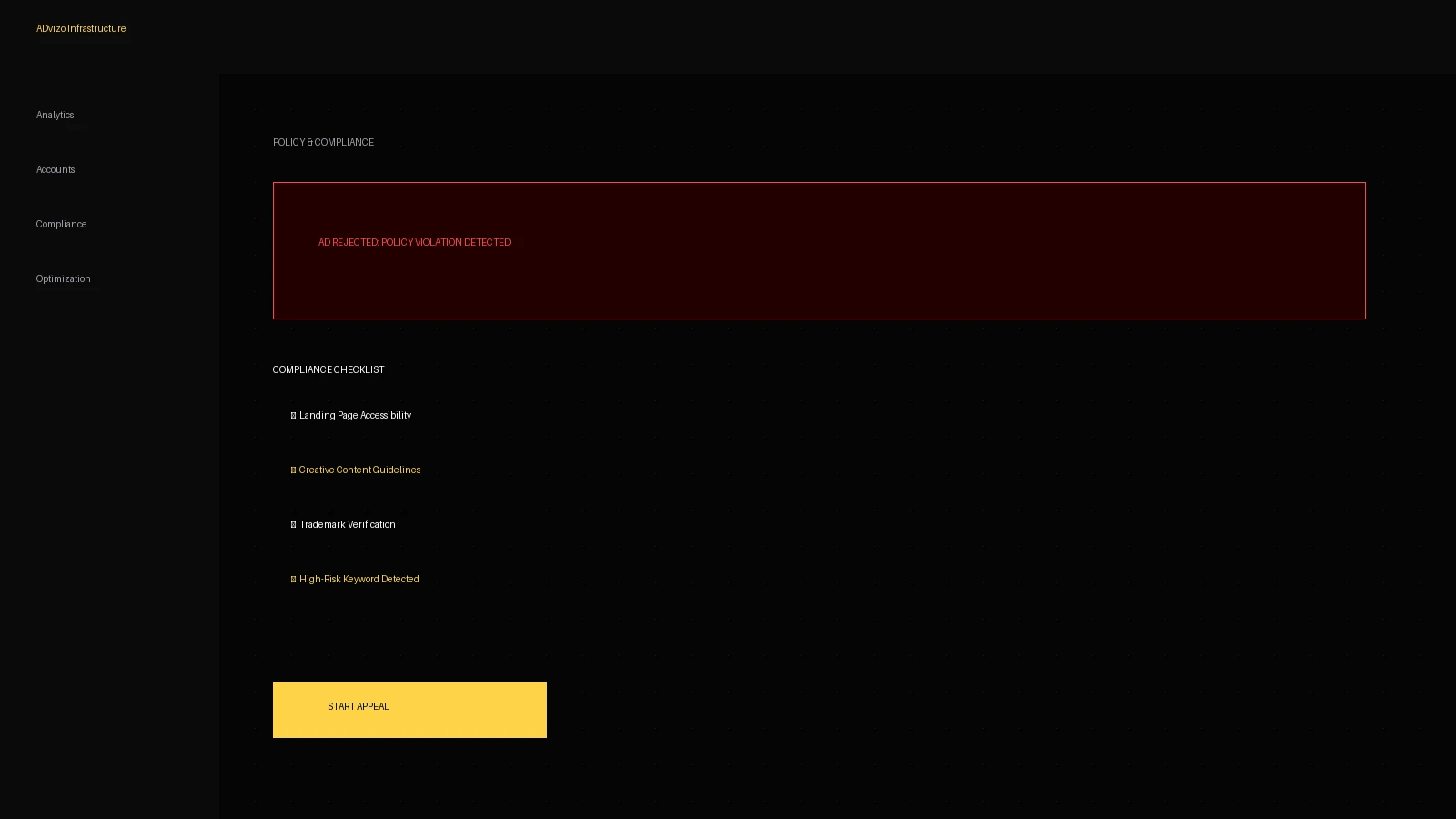 Advertising policy review dashboard showing a rejected ad, warning indicator, and compliance checklist