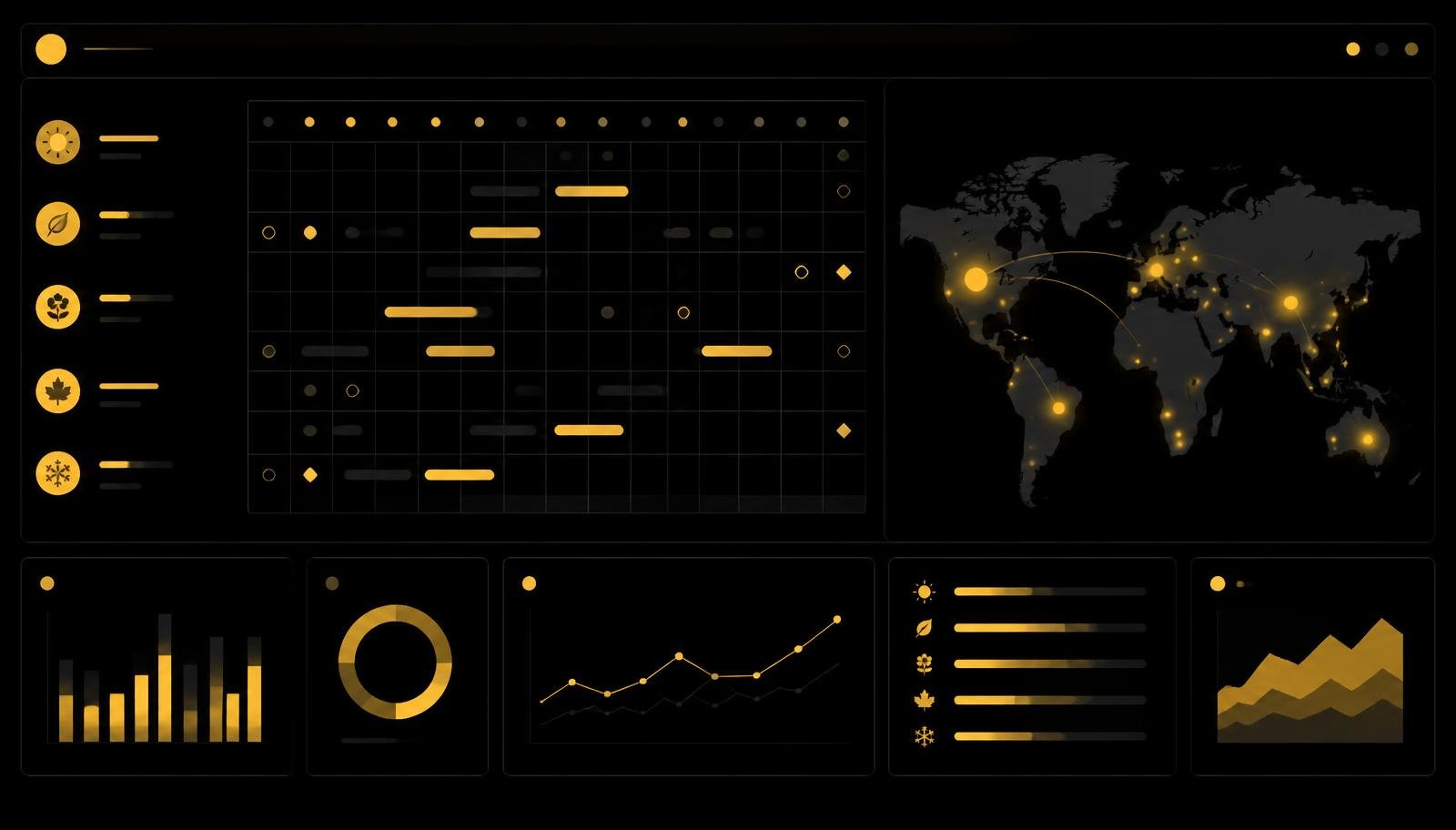 TikTok Ads seasonal calendar for global campaigns Dark annual marketing calendar grid with seasonal campaign markers beside a world map of active markets