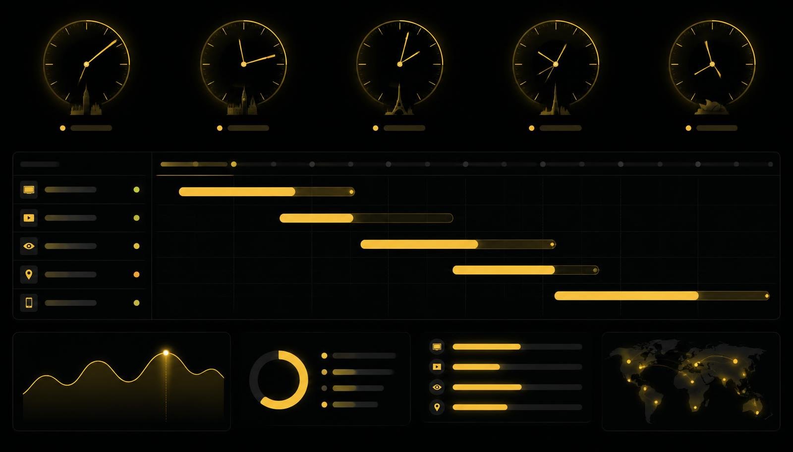 Row of world clocks above a dark campaign scheduling timeline dashboard with yellow highlights