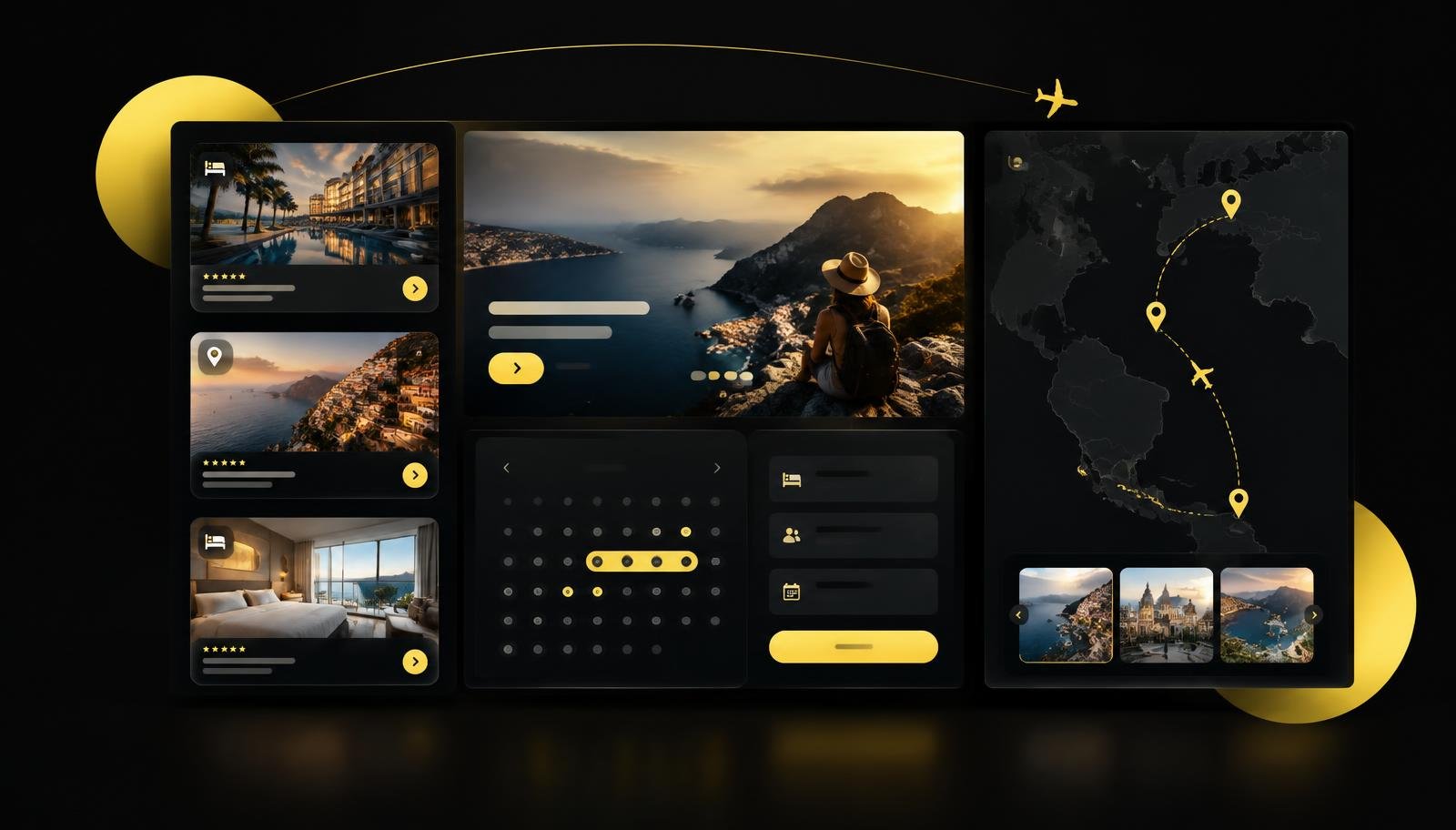 Dark travel campaign planning interface with hotel and destination cards, a booking calendar and a flight route map